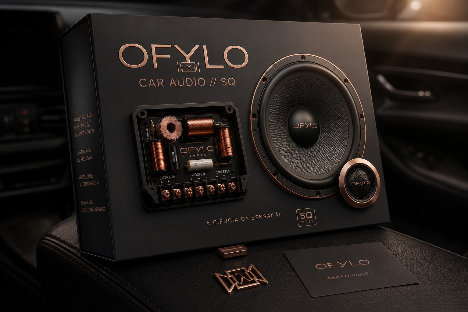 Embalagem OFYLO SQ Series: caixa com woofer 6.5 polegadas, tweeter e divisor expostos, sobre banco de couro automotivo.